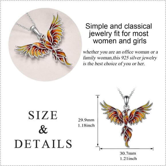 Sterling Silver Phoenix Pendant Necklace Rebirth Spirit Jewelry for Women - Picture 5 of 7